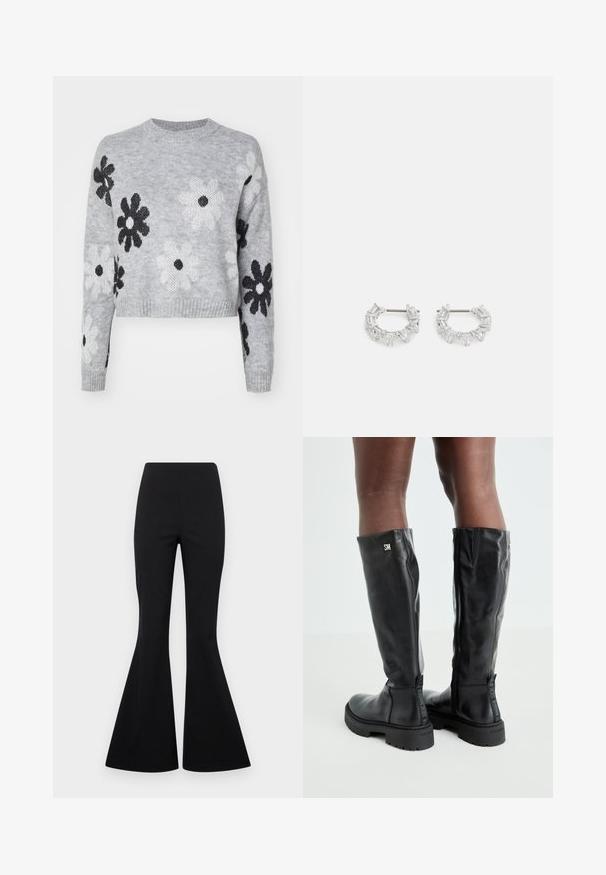 Pull en maille cropped gris clair avec des motifs floraux noirs et blancs, encolure ronde et poignets côtelés. Texture douce, design décontracté.; Pantalons noirs évasés en tissu extensible avec une texture lisse, présentant une taille haute et des jambes évasées en forme de cloche.; Bottes noires en cuir montantes jusqu'aux genoux, avec une texture lisse, un bout arrondi, une semelle épaisse et une fermeture éclair. Présente un logo argent sur le côté.; Boucles d'oreilles en argent en forme de créoles avec des cristaux clairs, rectangulaires et triangulaires disposés en motif. Fermeture à tige pour un maintien sûr.