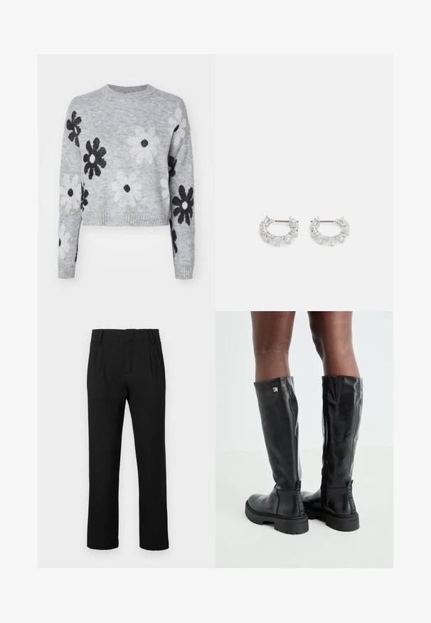 Light gray cropped knit sweater with black and white flower patterns, round neckline, and ribbed cuffs. Soft texture, casual design.; Black straight-leg trousers with belt loops, side pockets, and front pleats, displayed against a plain white background.; Black knee-high leather boots with a smooth texture, rounded toe, chunky sole, and zipper closure. Features silver logo on the side.; Silver hoop earrings featuring clear, rectangular and triangular crystals arranged in a patterned design. Posts for secure fastening.