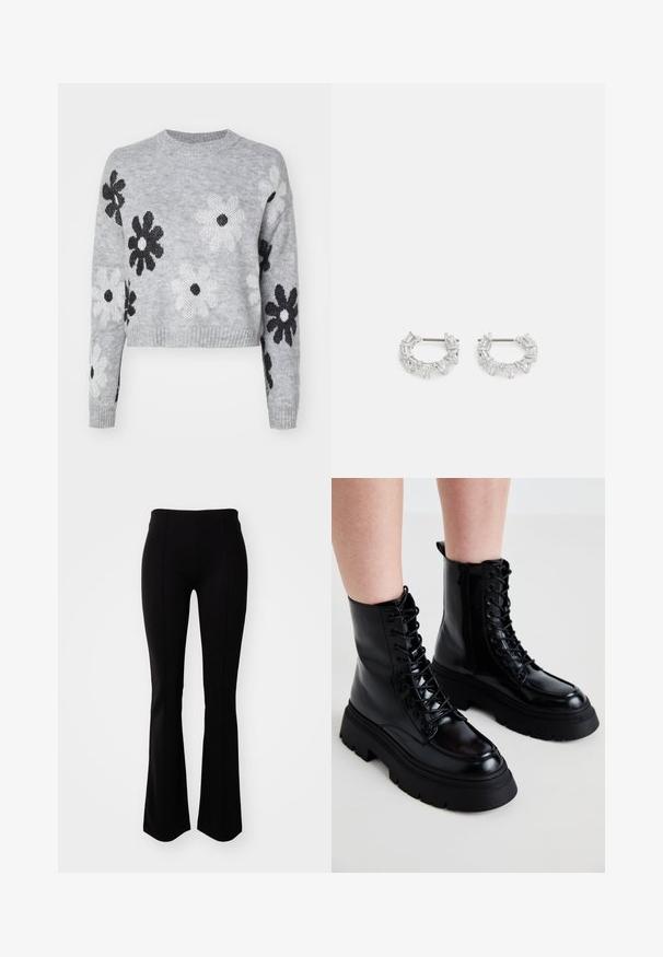 Svijetlosivi skraćeni pleteni džemper s uzorkom crno-bijelih cvjetova, okruglim izrezom i rebrastim manžetama. Mekana tekstura, ležerni dizajn.; Crne široke hlače od rastezljivog materijala, s visokim strukom, glatkom teksturom i šavovima uzduž prednje strane.; Crne kožne gležnjače s debelim đonom, vezanjem sprijeda i bočnim zatvaračem; imaju glatku završnu obradu i podignuti zaštitnik prstiju.; Srebrne naušnice s okruglom petljom koje sadrže prozirne, pravokutne i trokutaste kristale raspoređene u uzorak. Kopče za sigurno pričvršćivanje.