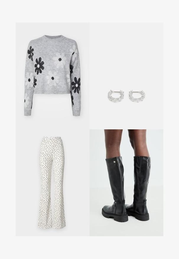 Lichtgrijze cropped gebreide trui met zwart-wit bloemenpatronen, ronde halslijn en ribgebreide manchetten. Zachte textuur, casual ontwerp.; Witte uitlopende broek met zwarte stippen. Ribbelstructuur, elastische tailleband en een losse pasvorm langs de benen. Rechte snit aan de zoom.; Zwarte leren kniehoge laarzen met een gladde textuur, ronde neus, stevige zool en ritssluiting. Voorzien van een zilveren logo aan de zijkant.; Zilveren oorbellen met ringen, versierd met heldere, rechthoekige en driehoekige kristallen die in een patroon zijn gerangschikt. Met gevest voor een veilige bevestiging.