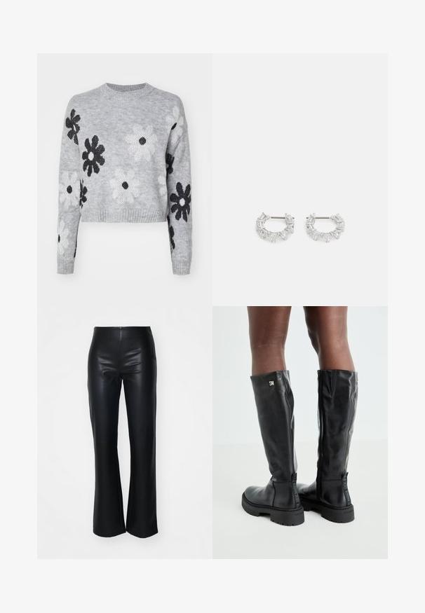 Svijetlosivi skraćeni pleteni džemper s uzorkom crno-bijelih cvjetova, okruglim izrezom i rebrastim manžetama. Mekana tekstura, ležerni dizajn.; Crne hlače od umjetne kože s glatkom teksturom, s uskim strukom i lagano lepršavim nogavicama, dizajnirane za elegantnu siluetu.; Crne kožne čizme do koljena s glatkom teksturom, okruglim vrhom, debelim potplatom i zatvaranjem na patentni zatvarač. Sadrže srebrni logo sa strane.; Srebrne naušnice od obruča s pravokutnim i trokutnim prozirnim kristalima aranžiranim u kružnom uzorku, s središnjim postom za zatvaranje.