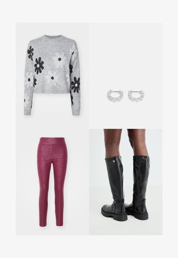 Light gray cropped knit sweater with black and white flower patterns, round neckline, and ribbed cuffs. Soft texture, casual design.; Fitted leggings in a burgundy color featuring a textured leopard print pattern, with a high waistband and smooth finish.; Black knee-high leather boots with a smooth texture, rounded toe, chunky sole, and zipper closure. Features silver logo on the side.; Silver hoop earrings featuring clear, rectangular and triangular crystals arranged in a patterned design. Posts for secure fastening.