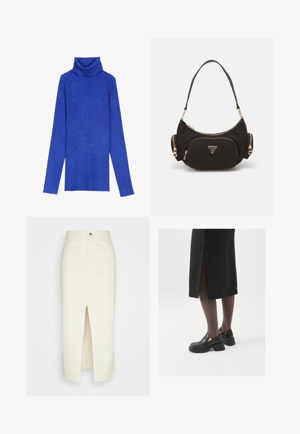 Pull en col roulé côtelé bleu royal réalisé en tissu texturé, avec des manches longues et un col replié, présentant un design ajusté.; Jupe midi en denim blanc avec une fente avant, design à cinq poches et fermeture à bouton en métal. Texture lisse, taille haute, silhouette droite.; Chaussures noires en cuir avec un bout arrondi, un épais talon bloc et des accents latéraux élastiques, associées à des bas foncés et une jupe noire avec une fente.; Sac à épaule en tissu noir avec quincaillerie dorée, comprenant un compartiment principal zippé et deux petites poches zippées sur les côtés.; Boucles d'oreilles en argent au design minimaliste. Forme circulaire, texture lisse et profil fin. Légères avec une finition polie.