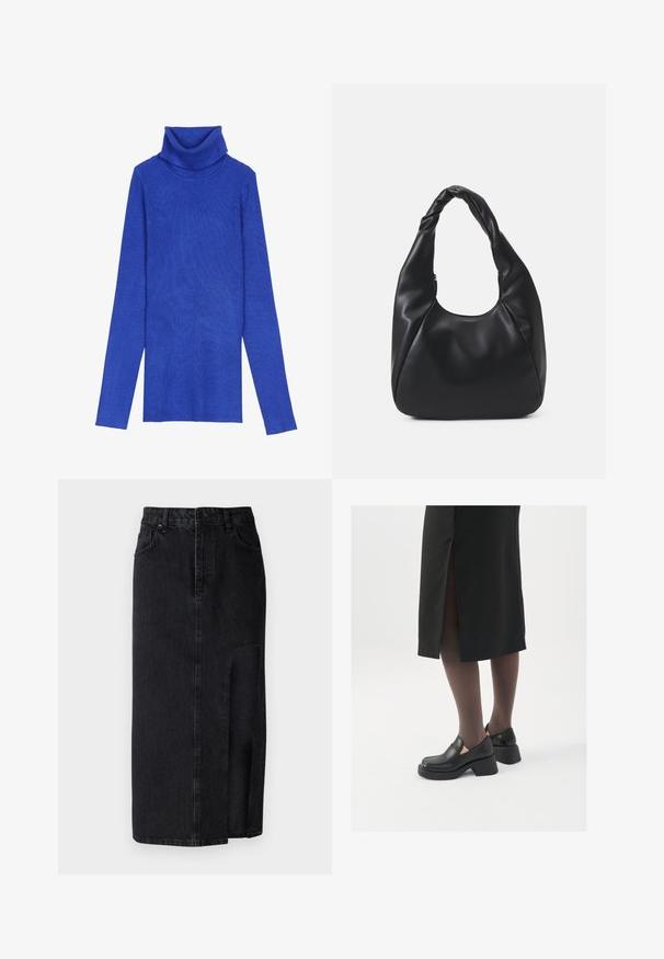 Royal kék bordás garbó pulóver, texturált anyagból készült, hosszú ujjal és hajtott gallérral, karcsú fazonú dizájnnal.; Fekete farmer midi szoknya elülső hasítékkal. Szabvány derékpánttal, övhurkokkal és elülső zsebekkel rendelkezik. Sima textúrájú és egyenes szabású.; Fekete bőr cipők lekerekített orral, vastag blokk sarkakkal és elasztikus oldalsó díszítésekkel, sötét harisnyával és hasítékkal ellátott fekete szoknyával párosítva.; Fekete hobo táska sima bőrszerű anyagból, csavarodott füllel, puha, lekerekített formával és felső cipzárral záródik.