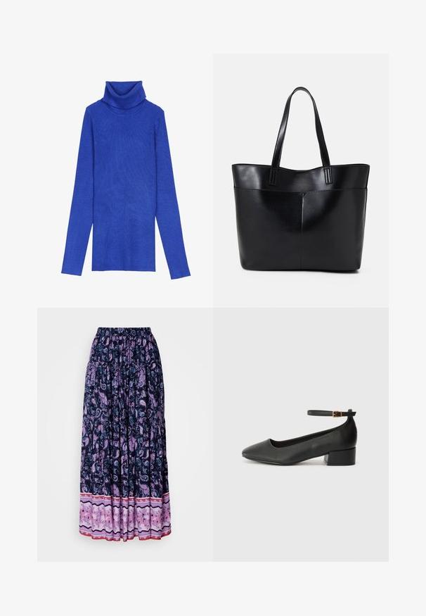 Royalblå ribbad polotröja gjord av texturerad tyg med långa ärmar och ett vikbart krage, med en smal passform.; Maxikjol i marinblått med en detaljerad lila paisley-mönster; elastisk midja och lagererad fåll med kontrasterande blommig tyg i botten.; Svart läderpump med spetsig tå och en låg klack. Har en ankelsnodd med en guldtonad spänne. Slät textur.; Svart läder tote-väska med två långa handtag, en slät yta och en strukturerad form. Har en framficka för extra förvaring.; Silverfärgade hoopörhängen med en minimalistisk design. Cirkulär form, slät yta och tunn profil. Lätta med en polerad finish.