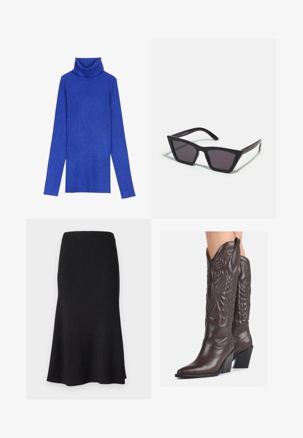 Kuningrubiinist ribidega turtleneck-sweater, valmistatud tekstuurilisest kangast, pika varrukaga ja kokkuvolditava kaelusega, millel on saledat lõiget.; Must mustrilineeritud must seelik, millel on kehaümberpöörduv talje ja laienev äär. Sile tekstuur, põlve pikkune disain, millel on ühtlaselt jaotatud ribamuster.; Pruunid nahast cowboy saapad terava varbaga ja plokk-kandaga, millel on detailne tikand ja kergelt tõstetud aktsendid varrel.; Mustad mustrakellad, millel on hallid šabloonid; valmistatud plastist, paksude ja siledate kätega, ilma nähtava riistvarata.