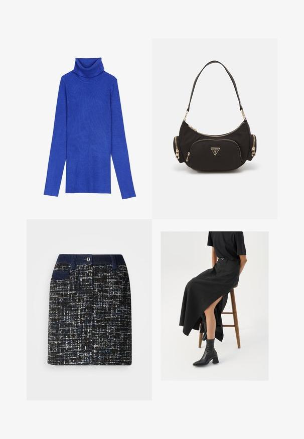 Koningsblauwe geribbelde turtleneck trui gemaakt van textiel met lange mouwen en een omgeslagen kraag, met een slanke pasvorm.; Geweven rok in zwart met blauwe en witte spikkels. Beschikt over een donkere tailleband, zijzakken en een rechte snit. Textuurstof.; Zwarte linnen maxi rok met een hoge split, gedragen met een zwart T-shirt en zwarte enkellaarsjes. Minimalistisch ontwerp met een relaxte pasvorm.; Zwarte stoffen schoudertas met goudkleurige hardware, met een hoofdvak met rits en twee kleinere ritsvakken aan de zijkanten.; Zilveren hoepel oorbellen met een minimalistisch ontwerp. Cirkelvormig, gladde textuur en dun profiel. Lichtgewicht met een gepolijste afwerking.