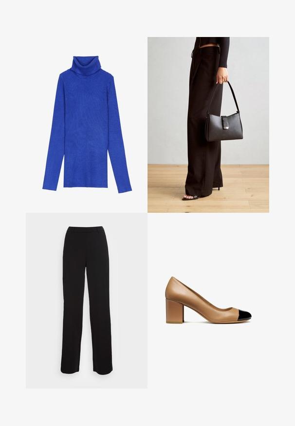 Karališko mėlyna juostelėta polo megztinė, pagamintas iš tekstūruotos medžiagos, su ilgomis rankovėmis ir apykakle, pasižymintis siauru siluetu.; Juodi kelnių su tiesiu pjūviu dizainu, lygiu paviršiumi ir prigludusia juosta. Yra priekiniai kišeniai ir minimalus siuvimo detalė.; Šviesiai ruda odinė aukštakulnė bateliai su apvaliu nosiu ir juodu blizgiu užkulniu, turintys blokinį kulną ir glotnų paviršių.; Juodas rankinė struktūrizuota forma, lygi tekstūra ir metalinis užsegimas. Suporuota su plačiomis juodomis kelnėmis ir atvirais bateliais ant medinių grindų.