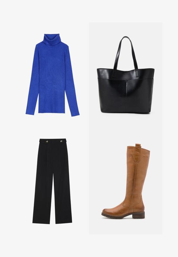 Royal modrý rebrovaný rolák vyrobený z textúrovaného materiálu, s dlhými rukávmi a prekladaným golierom, s priliehavým strihom.; Čierne široké nohavice s vysokým pásom, so zapínaním na gombíky na páse a prednými sklady.; Anna Field LEATHER - Čižmy - cognac; Čierna kožená tote taška s dvoma dlhými rúčkami, hladkým povrchom a štruktúrovaným tvarom. Obsahuje prednú kapsu pre dodatočné uskladnenie.