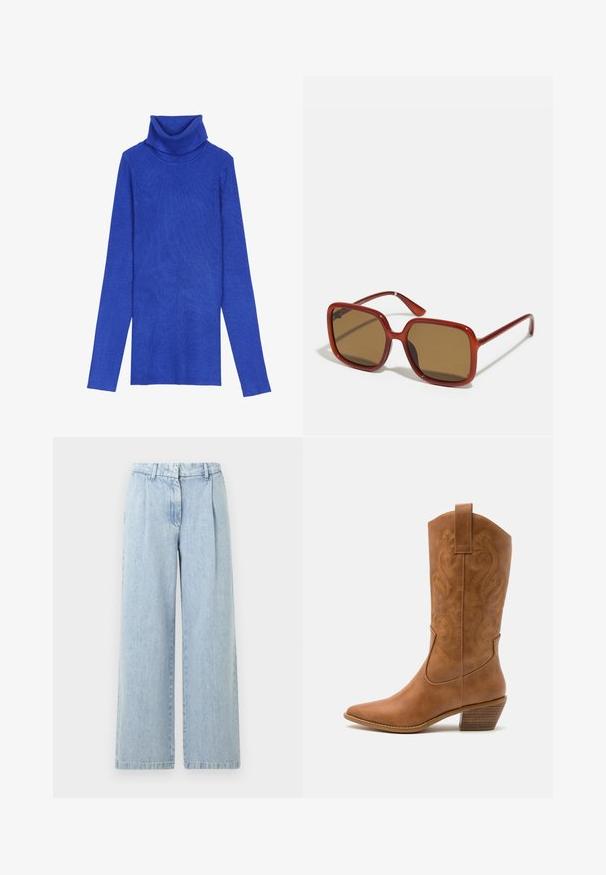 Kuningrubiinist ribidega turtleneck-sweater, valmistatud tekstuurilisest kangast, pika varrukaga ja kokkuvolditava kaelusega, millel on saledat lõiget.; Heledad sinine denim materjalist laiad püksid, millel on pleeded, elastne vöökoht ja pleekinud viimistlus. Omab sirget lõiget ja lõpetatud ääriseid.; Kohvitooni nahast cowboy-kork, millel on terav varvas, tikitud keerised varrel ja virnastatud ploki konts. Omab tõmbeava, et seda oleks lihtne jalga panna.; Punane ruudukujulised prillid pruunide toonitud läätsedega. Paksud, läikivad raamid ja õhukesed käed, millel on külgedel väike detail visuaalse huvi pakkumiseks.; Pruun nahast käekott kahekordsete käepidemetega, millel on kontrastõmblused ja avar disain, sobib igapäevaseks kasutamiseks.