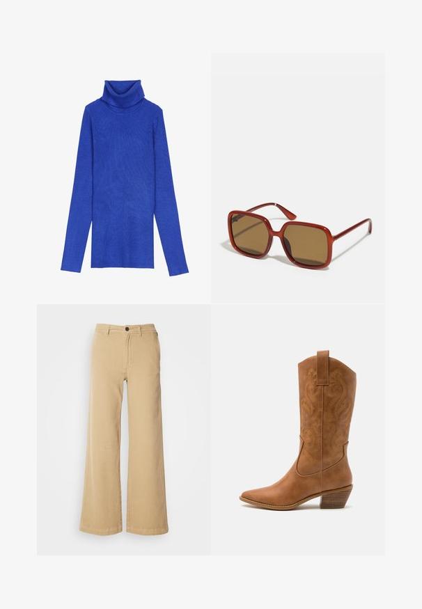 Karaliski zila ribotu turtlenecka džemperis, izgatavots no strukturētas auduma, ar garām piedurknēm un locīšanas apkakli, ar šauru piegriezumu.; Bežīgas platajās bikses, izgatavotas no kokvilnas maisījuma, ar priekšējo pogu aizdari, jostas cilpiņām un šuvju izšuvumiem.; Brūni ādas kovboju zābaks ar norādītu purngalu, izšūtām viļņveida apakšējo detaļu un sakrautajiem blokiem. Iezīmēts ar velkšanas cilpu ērtai uzvilkšanai.; Sarkani kvadrātveida saulesbrilles ar brūnām tonētām lēcām. Biezas, spīdīgas kājas un plānas rokturi ar nelielu detaļu sānos vizuālai interesei.; Sudraba riņķveida auss gredzeni ar gludu, pulētu apdari. Apaļa forma un drošs klikšķa augšējais slēgums. Viegls dizains, kas piemērots ikdienas valkāšanai.