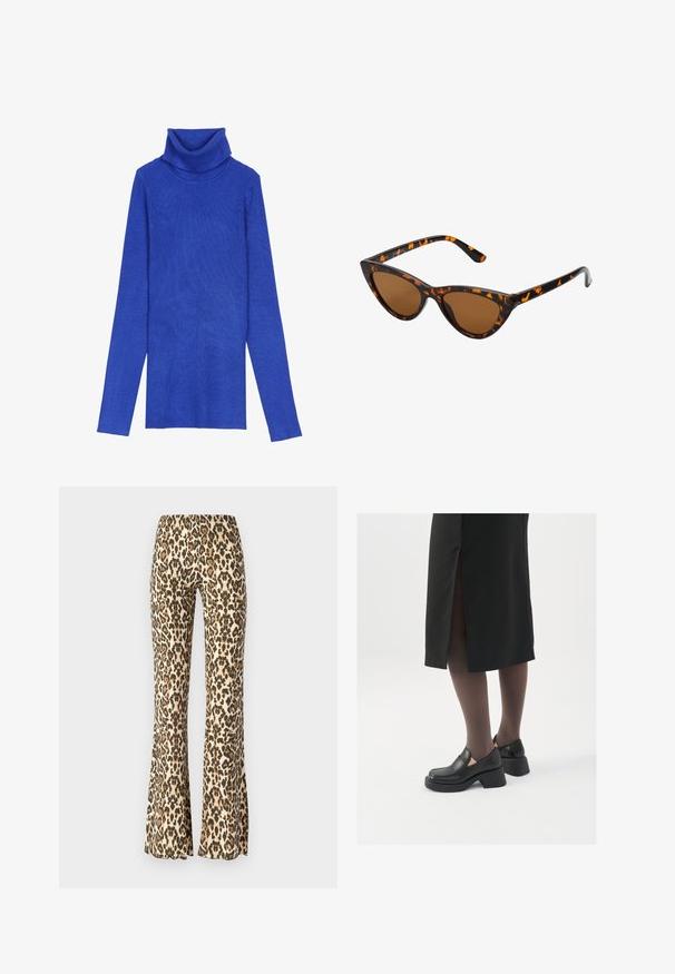 Royal blue ribbed turtleneck sweater made from textured fabric with long sleeves and a fold-over collar, featuring a slim fit design.; Leopard-print flared pants in tan and black, featuring a smooth texture and a fitted waist that flares from the knee down.; Black leather shoes with a rounded toe, thick block heel, and elastic side accents, paired with dark tights and a black skirt with a slit.; Cat-eye sunglasses with a black and orange tortoiseshell frame, brown lenses, and sleek, pointed tips. Features a minimal logo on the temple.