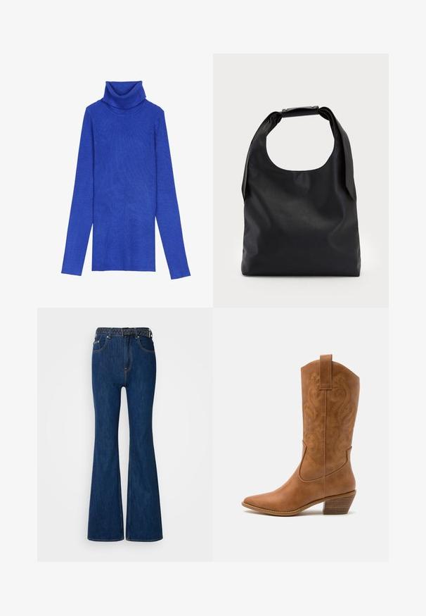 Kuningrubiinist ribidega turtleneck-sweater, valmistatud tekstuurilisest kangast, pika varrukaga ja kokkuvolditava kaelusega, millel on saledat lõiget.; Sinine tammetõru flared teksapüksid kõrge vöökohaga, kontrastõmblusega ja punutud disainiga kootud vöö. Jooniline tekstuur ja klassikaline stiil.; Kohvitooni nahast cowboy-kork, millel on terav varvas, tikitud keerised varrel ja virnastatud ploki konts. Omab tõmbeava, et seda oleks lihtne jalga panna.; Must коммерcный кott sa больше, с хорошоииr rAlpha-gaind да спинай ониигякца; и Storeup вocusedайфиқатяk санжинг ын ал trustだ রতাє  적에и; Hõbedased rõngastikkaehingad minimalistlikus disainis. Ümar kuju, sile tekstuur ja õhuke profiil. Kerged ning poleeritud viimistlusega.