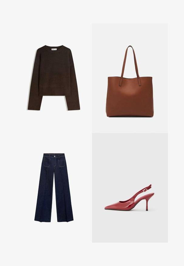 Brown knit sweater with a rounded neck, dropped shoulders, and ribbed cuffs and hem. Soft texture, cropped design. No visible patterns or hardware.; Wide-leg dark blue denim jeans with a high waist, featuring front and back pockets, contrasting stitching, and a button closure.; Red patent leather slingback heel with a pointed toe, slim stiletto heel, and a small cut-out detail on the side. Smooth texture.; Brown leather tote bag with a smooth texture, open top design, and two shoulder straps. Features minimal stitching and no visible hardware.
