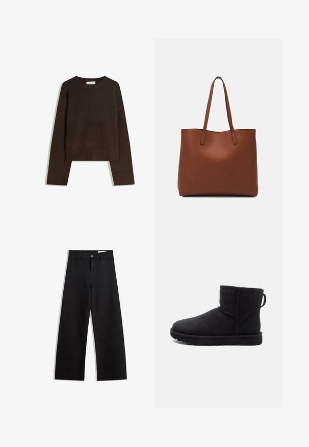 Brauner Strickpullover mit rundem Ausschnitt, heruntergesetzten Schultern und gerippten Bündchen an Ärmeln und Saum. Weiche Textur, kurzes Design. Keine sichtbaren Muster oder Verzierungen.; Schwarze weit geschnittene Jeans mit hoher Taille, ausgestattet mit Vorder- und Hintertaschen, gesteppten Nähten und einem Knopfverschluss. Glatte Textur.; Schwarze Wildleder-Stiefelette mit runder Zehenpartie, einem Schafsfellfutter und einer flachen Gummisohle. Mit einer Seitennaht und einem Ziehband an der Rückseite.; Braune Leder-Tote mit glatter Textur, offenem Oberteil und zwei Schulterriemen. Verfügt über minimale Nähte und keine sichtbaren Beschläge.