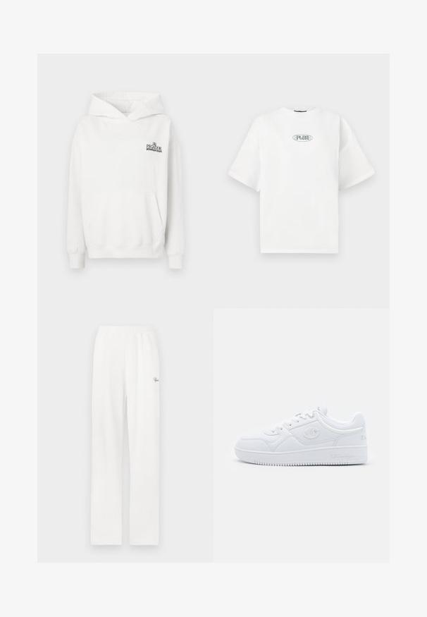 Balta kokvilnas kapuce ar kangoru kabatu, ribotām aprocēm un regolējamu kapuci. Uz krūtīm ir mazs melns logo.; Balta īsām piedurknēm T-kreklu no kokvilnas, ar grafisku logo zaļā krāsā ovāla formā krūšu centrā.; Baltas, ribotā auduma atpūtas bikses ar elastīgu jostu un mazu dekoratīvu logotipu kreisajā pusē. Taisnas kājas un maiga tekstūra.; Baltas sporta apavi, kas izgatavoti no gludas sintētiskas vielas, ar apaļu purngalu, plakanu zoli un uzsvērtiem logo akcentiem sānos. Klasisks zema profila dizains.