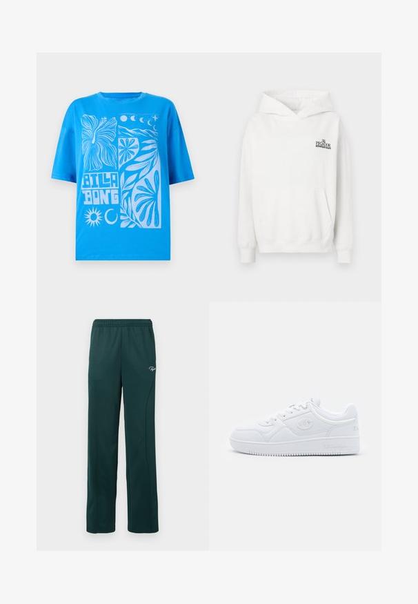 Hanorac alb din bumbac, cu buzunar tip kangaroo, manșete ribbate și glugă cu șnur. Prezintă un mic logo negru pe piept.; T-shirt din bumbac albastru cu croială supradimensionată, având un design grafic alb cu flori, soare și lună. Găură de gât tip crew și mâneci scurte.; Pantaloni de trening verde închis, dintr-un material moale, cu o talie elastică și cusături laterale, având un mic logo pe față.; Adidași alb cu design din material sintetic neted, având vârf rotund, talpă plată și accente subtile cu logo pe laterale. Design clasic de tip low-top.