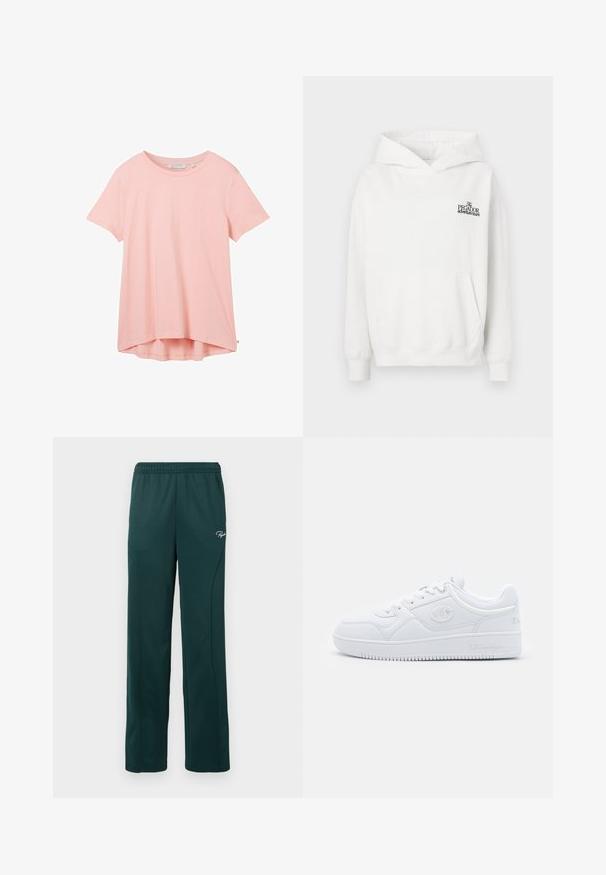 Bela bombažna kapa s kengurujskim žepom, rebrastimi manšetami in kapuco z vrvico. Vključuje majhen črn logo na prsih.; TOM TAILOR DENIM Navadna majica - crystal pink; Temnozeleni trenirke iz mehkega materiala, z elastičnim pasom in stranskimi šivi, ter z majhnim logotipom na sprednji strani.; Bele copate iz gladkega sintetičnega materiala, z okroglo konico, ravnim podplatom in diskretnimi logotipnimi detajli ob straneh. Klasična nizka zasnova.