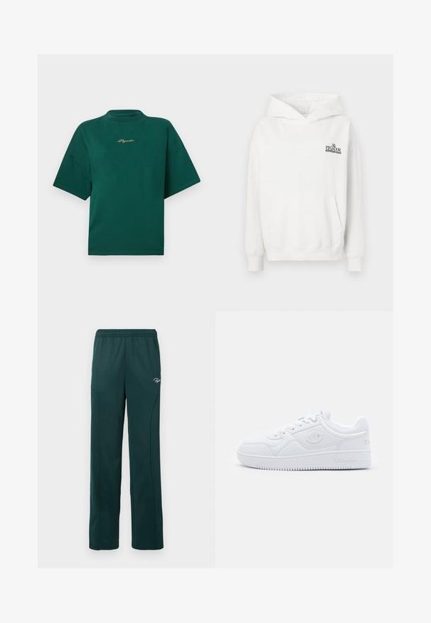 Valkoinen puuvillahuppari, jossa on kengurulaukku, ribattu hihansuu ja naruhuppu. Rinnassa on pieni musta logo.; Vihreä puuvillapaita, jossa on korkea kaula-aukko, lyhyet hihat ja kultaisella brodeerattu logo rinnassa. Yksinkertainen, laatikkomainen muotoilu.; Tummanvihreät collegehousut, jotka on valmistettu pehmeästä kankaasta, elastisella vyötärönauhalla ja sivusaumoilla, etuosassa on pieni logo.; Valkoinen lenkkari, joka on valmistettu sileästä synteettisestä materiaalista, jossa on pyöreä kärki, litteä pohja ja hienovaraiset logo-aksentit sivuilla. Klassinen matalavartinen muotoilu.