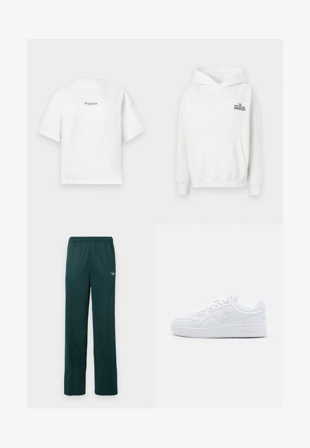 Baltas medvilninis džemperis su kengūros kišene, megzta rankogaliais ir su kapo virve. Ant krūtinės yra mažas juodas logotipas.; Balta trumpa rankovė t-shirt marškiniai, pagaminti iš medvilnės, su apvalia apykakle ir centriniu juodu užrašu "Pegador" priekyje.; Tamsiai žaliai sportinė kelnės, pagamintos iš švelnaus audinio, su elastingu juosmeniu ir šoninėmis siūlėmis, priekyje uždėtas mažas logotipas.; Baltos sportbačiai, pagaminti iš sklandžios sintetinės medžiagos, su apvaliu pirštu, plokščiu padu ir subtiliais logotipo akcentais šonuose. Klasikinis žemas dizainas.