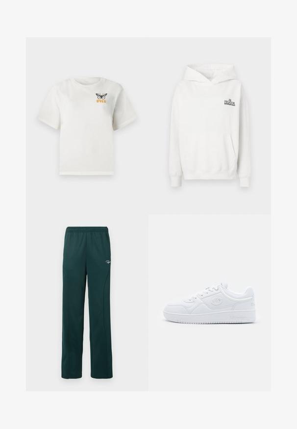 Bela bombažna kapa s kengurujskim žepom, rebrastimi manšetami in kapuco z vrvico. Vključuje majhen črn logo na prsih.; Bela kratka majica s kratkimi rokavi, na kateri se nahaja črna metulj in oranžen napis "RVCA" na zgornjem levem delu prsnega koša.; Temnozeleni trenirke iz mehkega materiala, z elastičnim pasom in stranskimi šivi, ter z majhnim logotipom na sprednji strani.; Bele copate iz gladkega sintetičnega materiala, z okroglo konico, ravnim podplatom in diskretnimi logotipnimi detajli ob straneh. Klasična nizka zasnova.