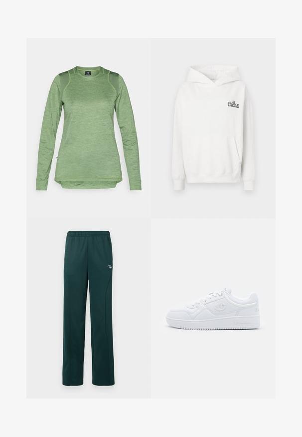 Valkoinen puuvillahuppari, jossa on kengurulaukku, ribattu hihansuu ja naruhuppu. Rinnassa on pieni musta logo.; Pitkähihainen urheilupaita vaaleanvihreänä, valmistettu teksturoidusta kankaasta, jossa on verkkopaneelit hartioilla, ja se on varustettu pyöristetyllä helmalla ja pyöreällä kaula-aukolla.; Tummanvihreät collegehousut, jotka on valmistettu pehmeästä kankaasta, elastisella vyötärönauhalla ja sivusaumoilla, etuosassa on pieni logo.; Valkoinen lenkkari, joka on valmistettu sileästä synteettisestä materiaalista, jossa on pyöreä kärki, litteä pohja ja hienovaraiset logo-aksentit sivuilla. Klassinen matalavartinen muotoilu.