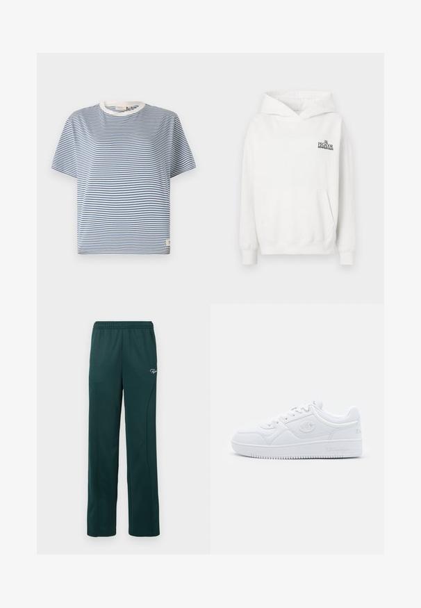 Baltas medvilninis džemperis su kengūros kišene, megzta rankogaliais ir su kapo virve. Ant krūtinės yra mažas juodas logotipas.; Mėlynos ir baltos dryžuotos trumpomis rankovėmis marškinėliai su apvaliu iškirpimu ir maža etikete apatinėje pusėje. Pagaminti iš lengvos medžiagos.; Tamsiai žaliai sportinė kelnės, pagamintos iš švelnaus audinio, su elastingu juosmeniu ir šoninėmis siūlėmis, priekyje uždėtas mažas logotipas.; Baltos sportbačiai, pagaminti iš sklandžios sintetinės medžiagos, su apvaliu pirštu, plokščiu padu ir subtiliais logotipo akcentais šonuose. Klasikinis žemas dizainas.
