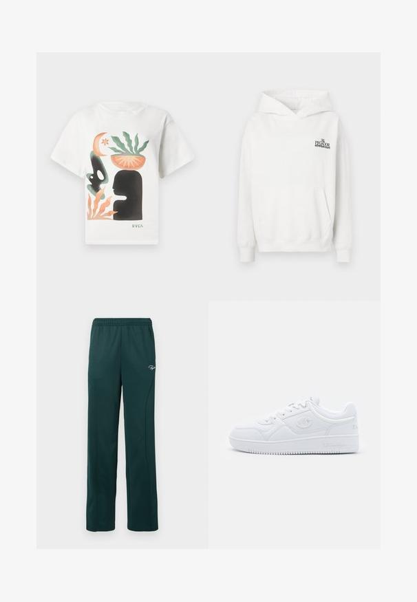 Hoodie branco de algodão com um bolso tipo canguru, punhos canelados e capuz com cordão. Apresenta um pequeno logotipo preto no peito.; T-shirt branca com arte abstrata de uma cabeça em silhueta preta, planta verde em um recipiente laranja na cabeça, formas laranja e verde, e logotipo "RVCA".; Calças de fato de treino verde-escuras feitas de um tecido macio, apresentando uma cintura elástica e costuras laterais, com um pequeno logótipo à frente.; Sapatilha branca feita de material sintético liso, com bico arredondado, sola plana e discretos detalhes do logótipo nas laterais. Design clássico de cano baixo.