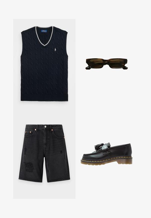 Námorně modrá pletená bezrukávová svetr s kabelovým vzorem, výstřihem do V a stříbrným lemováním kolem krku. Na hrudi se nachází malé bílé logo polo.; Černé džínové šortky s distressed detaily, pět kapsovým designem a měděnými kovovými prvky. Tkanina má hladkou texturu.; Černé kožené mokasíny s texturovaným povrchem, zdobené dekorativním třásněm a kontrastním žlutým prošíváním, na robustní průhledné podrážce.; Kočičkové obdélníkové sluneční brýle s tmavými skly, silnými acetátovými obrubami a ostrými spánky. Název značky se nachází na vnitřní části spánku.