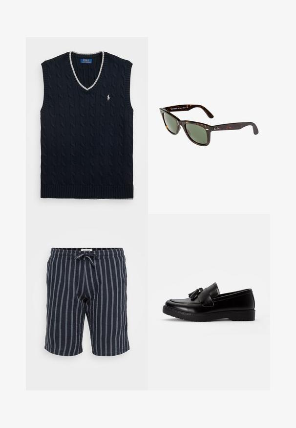 Jūras zila adīta bez piedurknēm džemperis ar kabeli rakstu, V veida kakla izgriezumu un sudraba apdari. Ar mazu baltu polo logotipu uz krūšu daļas.; Svītraini tumši zili šorti, kas izgatavoti no viegla auduma, ar elastīgu jostasvietu un auklu, kā arī vertikālām gaismas zila svītrām.; Melni ādas loafers ar plakanu zoli, ar dekoratīvu pušķi uz vamp un izšūtu apdari gar malām.; Wayfarer saulesbrilles ar tumšu bruņurupuču plastmasas rāmi, zaļiem stikliem un sudraba Ray-Ban logo uz zara.