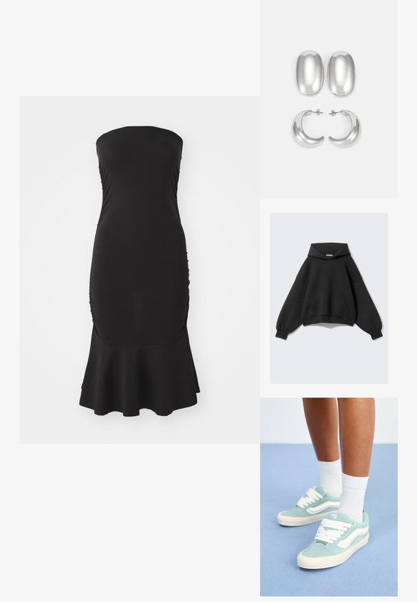 Hoodie oversized preto feito de tecido suave, apresentando um grande bolso frontal, mangas longas em balão e capuz com cordão.; Vestido preto sem alças, feito de um tecido elástico, com franzidos nas laterais e uma bainha rodada. Textura suave com um silhueta ajustada.; Ténis de camurça azul claro com pormenores e atacadores brancos. Bico arredondado com um material texturizado. Usados com meias brancas até ao tornozelo sobre uma superfície azul.; Conjunto de brincos prateados: dois studs ovais e dois brincos em forma de meia-lua, apresentando um acabamento brilhante e suave e um design arredondado.