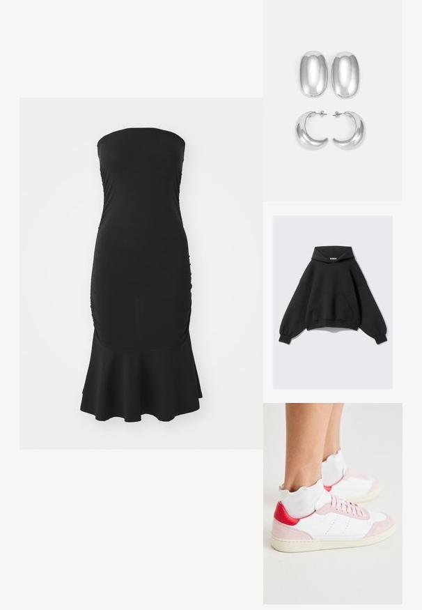 Hoodie noir oversize en tissu doux, avec une grande poche avant, des manches ballons longues et une capuche avec cordon de serrage.; Robe noire sans bretelles en tissu extensible, avec des fronces sur les côtés et un ourlet évasé. Texture lisse avec une silhouette ajustée.; Baskets blanches avec des détails en daim rose sur les bout et le talon, une languette de talon rouge, et une chaussette blanche texturée avec un bord froncé.; Ensemble de boucles d'oreilles couleur argent : deux clous d'oreilles ovales et deux créoles en forme de croissant, présentant une finition brillante et lisse ainsi qu'un design arrondi.