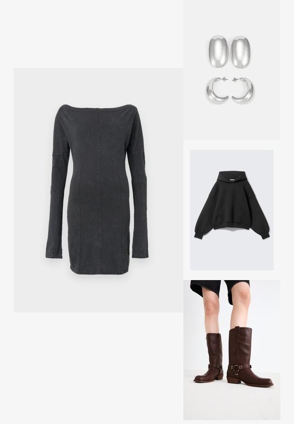 Musthave musta ülesuuruses kapuutsiga sviiter, mis on valmistatud pehmest kangast. Sellel on suur eesmine tasku, pikad õhkjad varrukad ja nööriga kapuuts.; Must have keha õlgadelt avatud must kleit, millel on pikad varrukad, sile tekstuur ja õrn sära, elegantne õmbluste detailide disain.; Pruunid nahast põlvekõrgused saapad, millel on ümar varvas, tekstuuriga pind, pahkluu rihm ja hõbedane detail; klambriga konts.; Hõbedast kõrvarõngaste komplekt: kaks ovaalset kinnitust ja kaks poolkuu kujulist rippuvat kõrvarõngast, millel on läikiv ja sujuv viimistlus ning ümar disain.