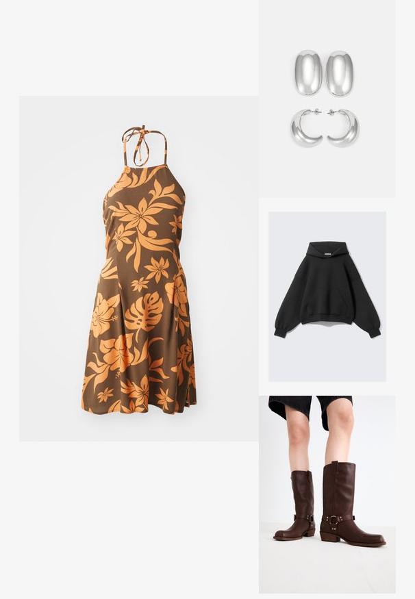 Czarna, oversize bluza z kapturem wykonana z miękkiego materiału, z dużą przednią kieszenią, długimi rękawami w kształcie balonów oraz regulowanym kapturem.; Brązowa sukienka na ramiączkach z pomarańczowym kwiatowym wzorem, do kolan, z dopasowanym topem przechodzącym w rozkloszowaną spódnicę. Miękka tekstura.; Brązowe skórzane kozaki do kolan z okrągłym noskiem, teksturowaną powierzchnią, paskiem w okolicy kostki i srebrnymi detalami; na platformie.; Zestaw srebrnych kolczyków: dwa owalne wkręty i dwa półokrągłe kolczyki w kształcie księżyca, z błyszczącym, gładkim wykończeniem i zaokrąglonym kształtem.