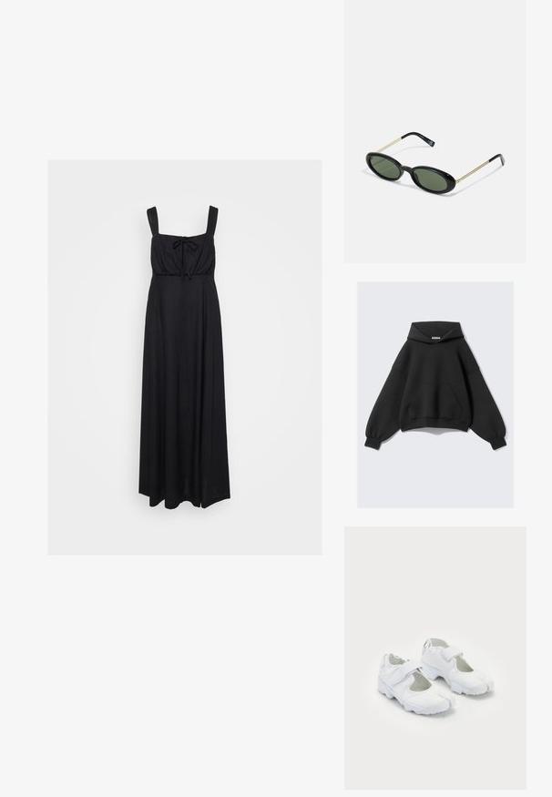 Črna oversized kapuca iz mehkega blaga, ki ima velik sprednji žep, dolge balonske rokave in kapuco s vrvico.; Črna maxi obleka s kvadratnim izrezom, širokimi naramnicami in zavezovanjem spredaj. Narejena iz mehkega, lahkega materiala.; Bela športna obutev z teksturiranim zgornjim delom, nastavljivim Velcro trakom, zaobljenim prstom in masivnim podplatom z izrazitim profilom.; Sončne očala ovalne oblike z zelenimi lečami, črnimi plastičnimi okvirji in tankimi zlatimi kovinskimi ročaji. Imajo minimalističen dizajn z gladko teksturo.; Črna sintetična usnjena torbica z ukrivljeno obliko, z zadrgo spredaj, okrasnim strojčkom in snemljivo okroglo denarnico za kovance.