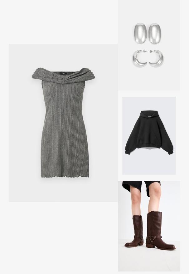 Svart oversized hettegenser laget av myk stoff, med en stor frontlomme, lange ballongsleeves og snøring i hetten.; Grå kjole med avtagne skuldre og vertikal ribbet tekstur, med en bred, brettet halslinning og en bølget kant.; Brune lærknesko med rund tå, teksturert overflate, ankelrem og detaljer i sølv; stablet hæl.; Sølvfargede øredobber sett: to ovale stifter og to halvmåneformede hoops, med en glansfull, glatt overflate og en rund design.