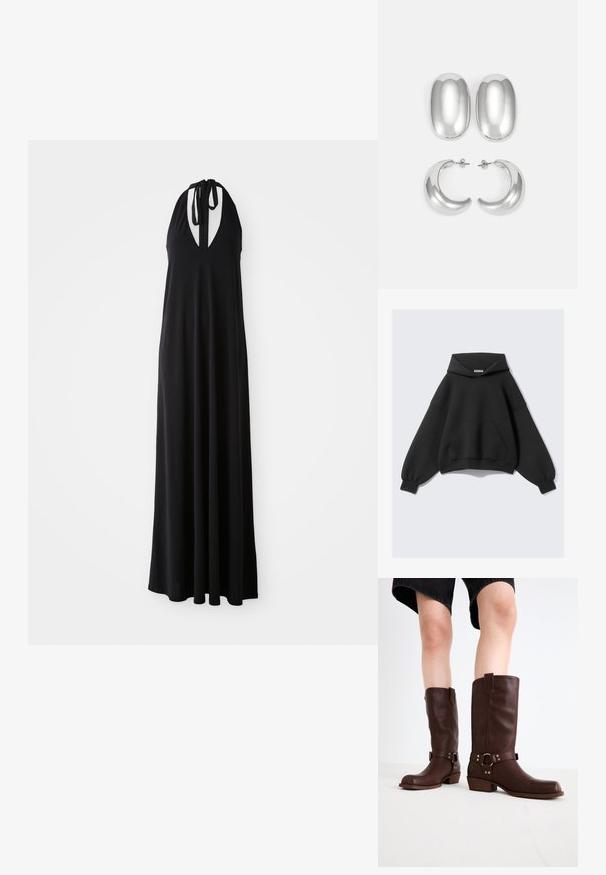 Hoodie noir oversize en tissu doux, avec une grande poche avant, des manches ballons longues et une capuche avec cordon de serrage.; Robe noire à encolure en V profonde, silhouette fluide, faite de tissu doux, avec des liens de cou réglables pour un ajustement parfait.; Bottes en cuir marron jusqu'au genou avec un bout arrondi, une surface texturée, une sangle au niveau de la cheville et des détails en métal argenté ; talon empilé.; Ensemble de boucles d'oreilles couleur argent : deux clous d'oreilles ovales et deux créoles en forme de croissant, présentant une finition brillante et lisse ainsi qu'un design arrondi.