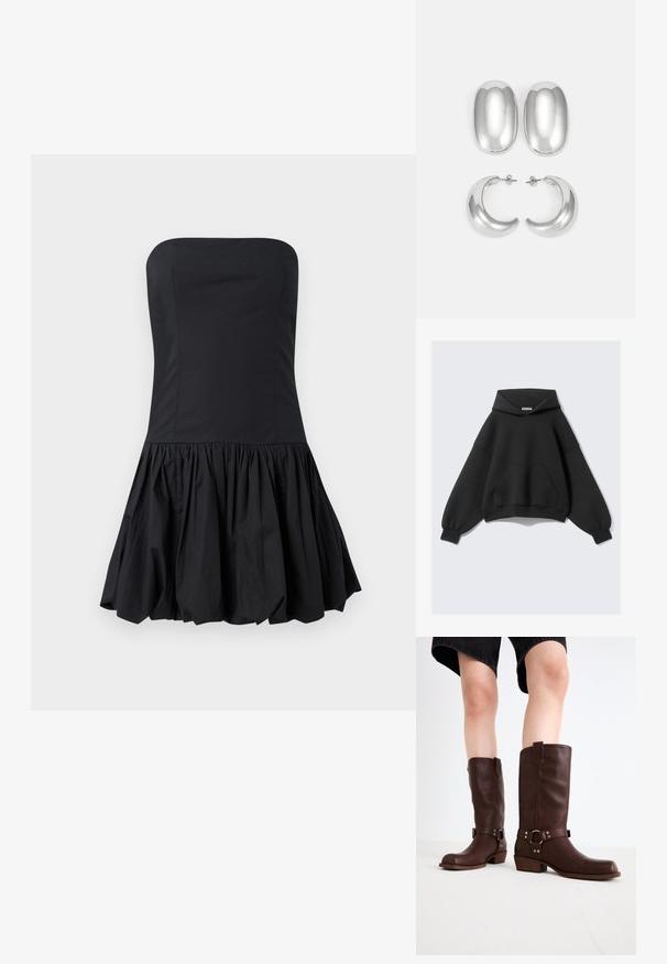 Fekete, oversized kapucnis pulóver, puha anyagból készült, nagy elülső zsebbel, hosszú, ballon ujjakkal és állítható kapucnival.; Fekete, pánt nélküli ruha, amely testhezálló felső résszel és bő, fodros szoknyával rendelkezik. Simább anyagból készült; tiszta, minimális dizájnnal rendelkezik.; Barna bőr, térd feletti csizmák kerek orral, textúrázott felülettel, bokapánttal és ezüst hardware részletekkel; rétegezett sarokkal.; Ezüst színű fülbevaló szett: két ovális stud és két félhold alakú karika, fényes, sima felülettel és kerekdeden formával.