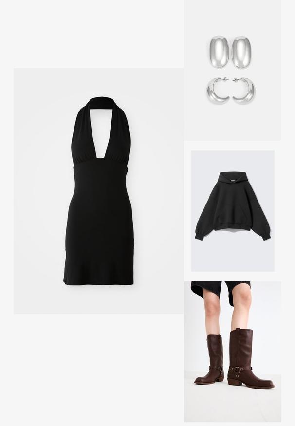 Čierna oversized mikina vyrobená z mäkkej látky, s veľkou prednou kapsou, dlhými balónovými rukávmi a kapucňou so šnúrkou.; Čierne halter šaty vyrobené z mäkkej látky. Majú hlboký výstrih do V a priliehavý strih, s hladkou textúrou a bez viditeľných vzorov.; Hnedé kožené vysoké čižmy s okrúhlou špičkou, štruktúrovaným povrchom, opaskom okolo členka a detailmi zo strieborného kovu; s vysokým podpätkom.; Súprava strieborných náušníc: dva oválne pecky a dva polkruhové kruhy, s lesklým, hladkým povrchom a zaobleným tvarom.