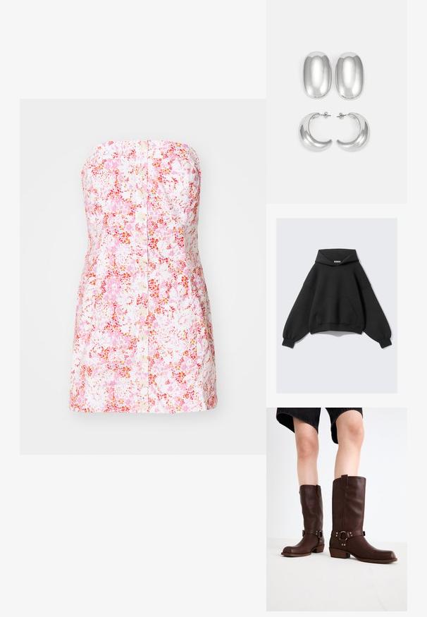 Mustat ylipitkät hupparit, jotka on valmistettu pehmeästä kankaasta. Siinä on suuri etutasku, pitkät ilmavat hihat ja naruhuppu.; Hihaton kukkamekko vaaleanpunaisesta ja valkoisesta puuvillakankaasta, jossa on napitettu etuosa ja istuva A-linjainen siluetti.; Marron nahka polven ylle ulottuvat saappaat, joissa on pyöreä kärki, teksturoitu pinta, nilkkahihna ja hopeiset yksityiskohdat; kasattu korko.; Hopeasävyiset korvakorut: kaksi ovaalia nappikorua ja kaksi kuukausimaisen muotoista renkaasta, joissa on kiiltävä, sileä pinta ja pyöristetty muoto.