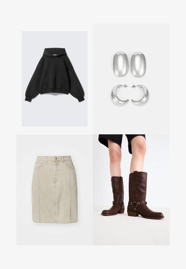 Fekete, oversized kapucnis pulóver, puha anyagból készült, nagy elülső zsebbel, hosszú, ballon ujjakkal és állítható kapucnival.; Beige farmernadrág szoknya egyenes fazonnal, öt zsebes kialakítással és elülső gombos zárással. Simított varrások és rendezett alj biztosítják a precíz megjelenést.; Barna bőr, térd feletti csizmák kerek orral, textúrázott felülettel, bokapánttal és ezüst hardware részletekkel; rétegezett sarokkal.; Ezüst színű fülbevaló szett: két ovális stud és két félhold alakú karika, fényes, sima felülettel és kerekdeden formával.