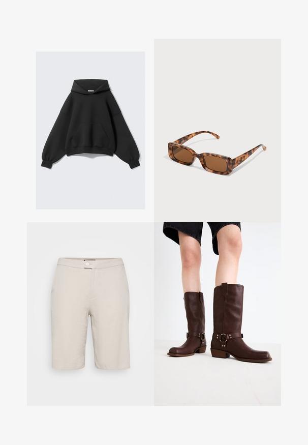 Black oversized hoodie made of soft fabric, featuring a large front pocket, long balloon sleeves, and a drawstring hood.; Beige cotton shorts with a button closure, two side pockets, and a straight fit. Features a smooth texture and a simple design.; Brown leather knee-high boots with a rounded toe, textured surface, ankle strap, and silver hardware detail; stacked heel.; Tortoiseshell sunglasses with rectangular brown lenses, a thick frame, and slim arms featuring a pattern of varying shades of brown.; Silver-colored earrings set: two oval studs and two crescent-shaped hoops, featuring a glossy, smooth finish and a rounded design.