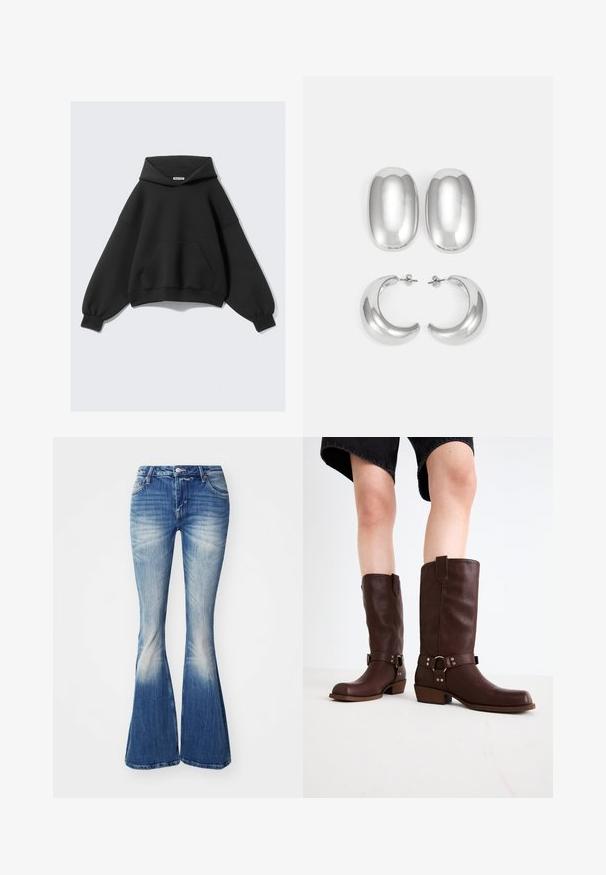 Musthave musta ülesuuruses kapuutsiga sviiter, mis on valmistatud pehmest kangast. Sellel on suur eesmine tasku, pikad õhkjad varrukad ja nööriga kapuuts.; Sinised laiad teksapüksid, mis on valmistatud denimist ja millel on pleekinud viimistlus. Omab järgmist: sobiv vöökoht, viie tasku disain ja kerge kulumine allääres.; Pruunid nahast põlvekõrgused saapad, millel on ümar varvas, tekstuuriga pind, pahkluu rihm ja hõbedane detail; klambriga konts.; Hõbedast kõrvarõngaste komplekt: kaks ovaalset kinnitust ja kaks poolkuu kujulist rippuvat kõrvarõngast, millel on läikiv ja sujuv viimistlus ning ümar disain.