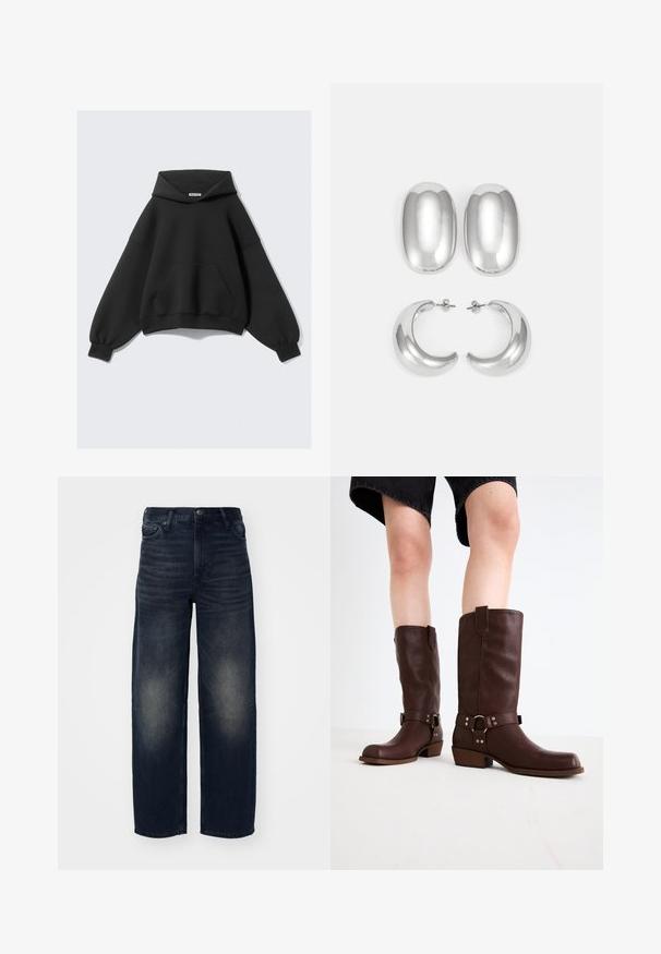 Mustat ylipitkät hupparit, jotka on valmistettu pehmeästä kankaasta. Siinä on suuri etutasku, pitkät ilmavat hihat ja naruhuppu.; Weekday RAIL MID LOOSE - Straight leg -farkut - deep ocean blue; Marron nahka polven ylle ulottuvat saappaat, joissa on pyöreä kärki, teksturoitu pinta, nilkkahihna ja hopeiset yksityiskohdat; kasattu korko.; Hopeasävyiset korvakorut: kaksi ovaalia nappikorua ja kaksi kuukausimaisen muotoista renkaasta, joissa on kiiltävä, sileä pinta ja pyöristetty muoto.