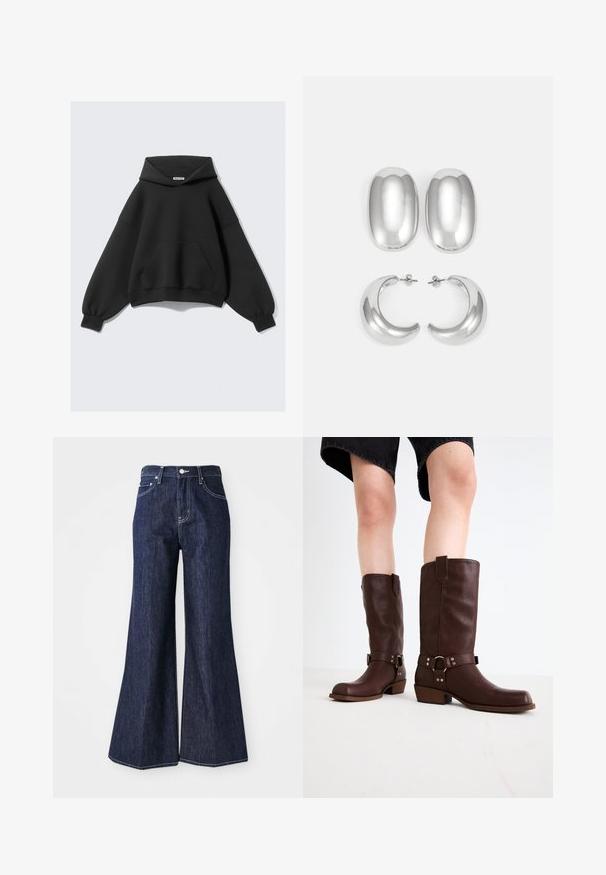 Črna oversized kapuca iz mehkega blaga, ki ima velik sprednji žep, dolge balonske rokave in kapuco s vrvico.; Temno jeans flare z visokim pasom, opremljeni z gumbom in zadrgo. Bele šivanke in široki hlačniki ustvarjajo strukturiran silhuet.; Rjave usnjene čizme do kolen s zaobljenim nosom, teksturirano površino, trakovi okoli gležnja in srebrni detajli; zasnovane s steknjenim peto.; Set srebrnih uhani: dva ovalna ušesa in dve obročni obliki, z visokim sijajem, gladko površino in okroglo obliko.
