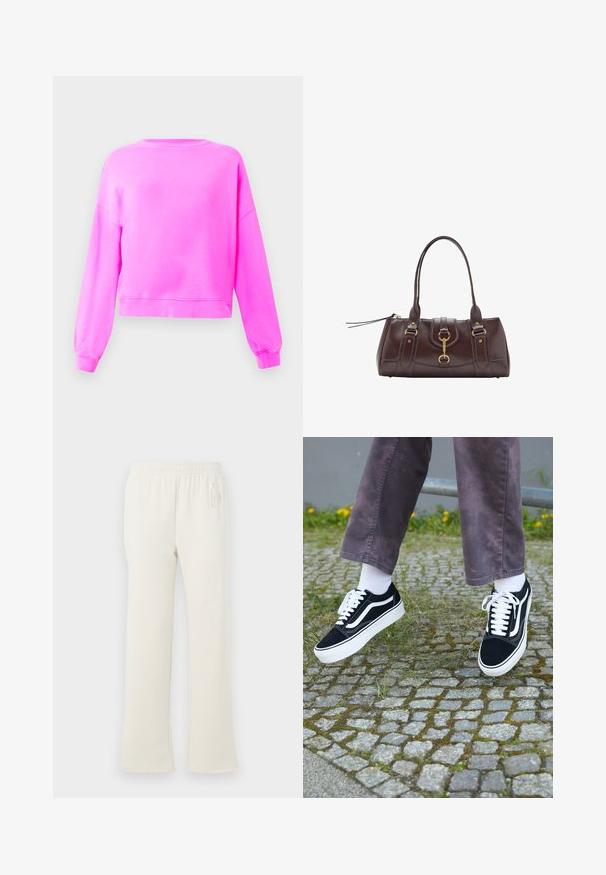 Svetlo roza dolgi rokavi pulover s krožnim izrezom in rebrastimi manšetami ter robom, prikazan na preprostem svetlem ozadju.; Kremne trenirke s elastičnim pasom in diskretnim logotipom "GAP" na zgornjem levem boku, prikazane na beli podlagi.; Črne semiš teniske z belimi akcenti, s krožno prstom, debelim belim podplatom in klasičnim vezanjem, nošene z belimi nogavicami in vijoličnimi hlačami.; Temno rjava usnjena torbica z dvema zgornjima ročajema, zlatimi dodatki, podrobnostjo sprednjega zapiranja in šivanim teksturo na straneh.