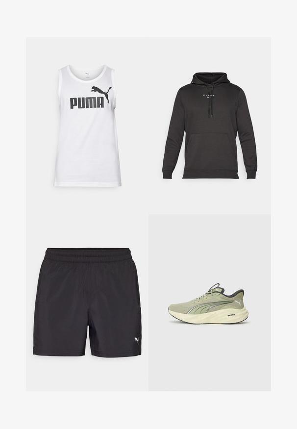 Manta preta com um bolso tipo canguru, cordões no pescoço e um pequeno logótipo branco no peito. Feita de um tecido liso e texturizado.; Camisola de alças branca em algodão com um grande logótipo preto "PUMA" e um emblema de uma puma a saltar. Decote redondo e design sem mangas.; Calções desportivos pretos com um cós elástico, feitos de material leve, apresentando um pequeno logotipo branco na parte inferior.; Sapatilhas de corrida verde claro com parte superior em malha texturizada, pormenores refletivos, sola espessa e acolchoada, e detalhes em preto no calcanhar e na sola.