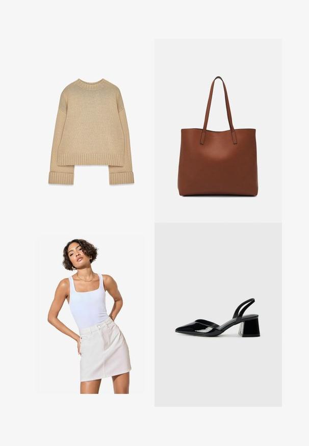Beige gebreide trui met geribde ronde hals, manchetten en zoom, met lange mouwen en een licht oversized pasvorm.; Witte tanktop met vierkante halslijn, gecombineerd met een lichtbeige denim mini-jurk, voorzien van voorzakken en subtiele stiksels.; Zwarte gepatineerde leren slingback hakken met een spitse neus en een geometrische blokhak. Kenmerkt zich door een slank, minimalistisch ontwerp en een gladde textuur.; Bruine leren tote bag met een gladde textuur, een ontwerp met een open bovenkant en twee schouderbanden. Kenmerkt zich door minimale stiksels en geen zichtbare hardware.; Roomkleurige wollen handschoenen met geribde manchetten, voorzien van twee decoratieve gouden knopen bovenaan de manchetten. Zachte textuur met vingeroopen.