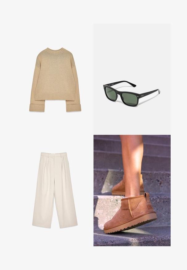 Šviesiai rudas megztinis su ribotu apykakle, rankovėmis ir apvadu, turintis ilgas rankoves ir šiek tiek XL dydžio.; Kreminės spalvos platėjančios kelnių su klostėmis, turinčios glotnų paviršių ir diržo kilpas. Sumažinta iškirptė, siūlanti laisvą aksesuarą aplink kojas.; Samaniniai suknelės auliniai batai su minkšta tekstūra, siūlės detalėmis ir guminiu padu, su kilpiniu kulnu, kad būtų patogu užsivilkti.; Juodos rectanguliarios akinių rėmeliai su tamsiai žaliais lęšiais, pagaminti iš plastiko, turintys metalines detales šalia lęšių ir prekės ženklo logotipą ant šventyklos.; Balta odinė rankinė su struktūrizuota forma, ryškiu siuvimu, auksine detale ir dviem rankenomis. Tekstūruotas paviršius su šoninėmis kišenėmis.