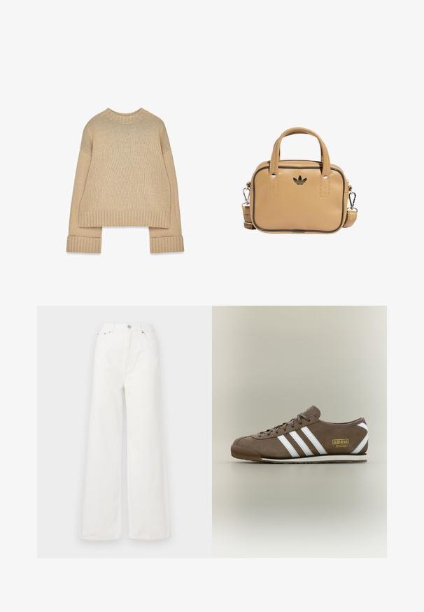 Beige knitted sweater with ribbed crew neck, cuffs, and hem, featuring long sleeves and a slightly oversized fit.; White high-waisted wide-leg jeans made of denim. Features front pockets, a button closure, and frayed hem details.; Brown suede sneaker with three white stripes, flat rubber sole, round toe, and gold "adidas Italia" logo on the side.; Tan vegan leather bag with two handles, detachable shoulder strap, black accent stitching, and a small black logo on the front.